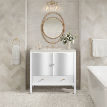 Renovate for Less Atlanta Myrrin 36" Vanity, Bright White, w/ 3 CM Siberian Silestone Top