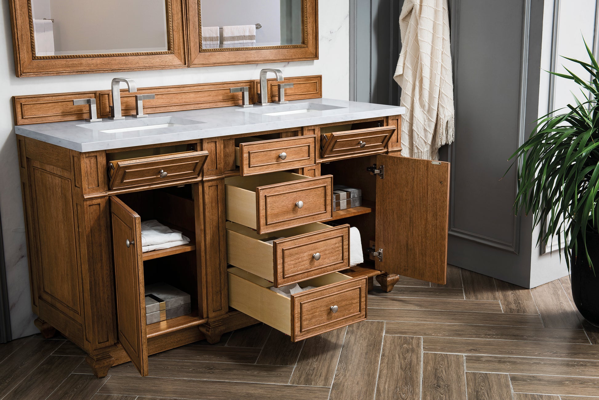 Renovate for Less Atlanta Bristol 60" Double Vanity, Saddle Brown w/ 3 CM Eternal Jasmine Pearl Silestone Top w/FreePower Wireless Charger