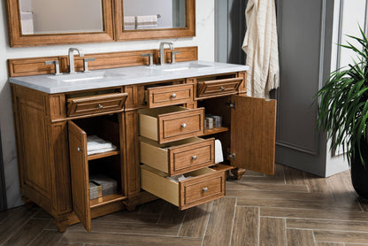Renovate for Less Atlanta Bristol 60" Double Vanity, Saddle Brown w/ 3 CM Eternal Jasmine Pearl Silestone Top w/FreePower Wireless Charger