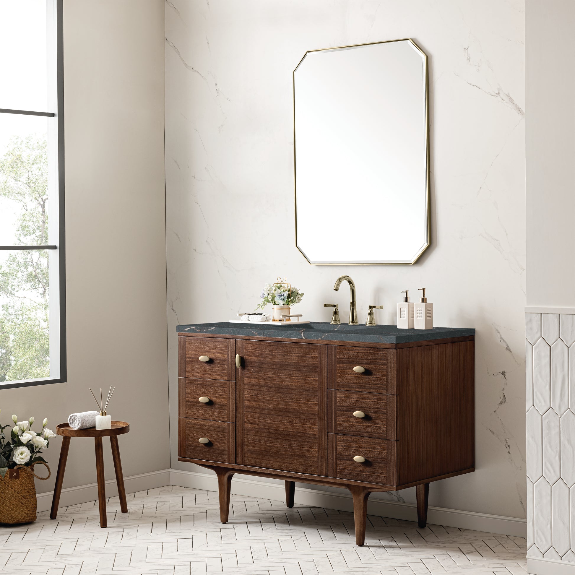 Renovate for Less Atlanta Amberly 48" Single Vanity, Mid-Century Walnut w/ 3 CM Parisien Bleu Top