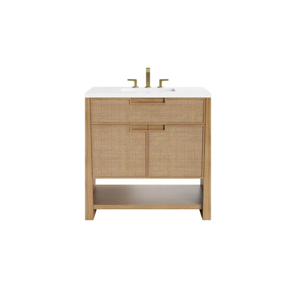 Renovate for Less Atlanta Solene 36" Single Vanity, Seaside Oak, w/ 3 CM White Zeus Quartz Top
