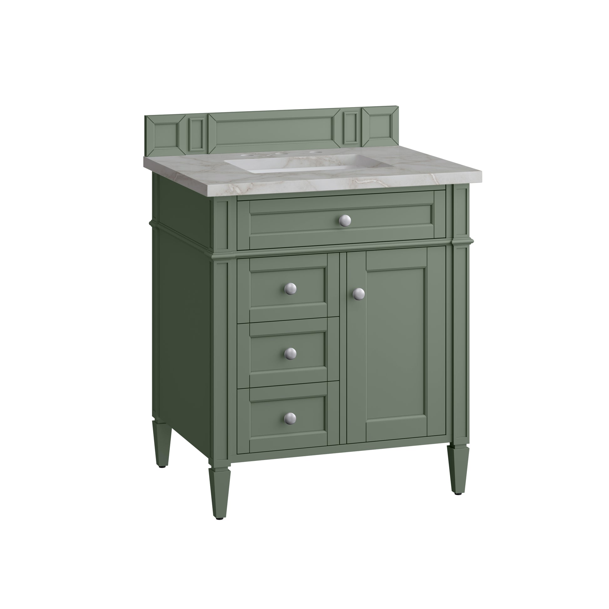Renovate for Less Atlanta Brittany 30" Single Vanity, Smokey Celadon w/ 3 CM Victorian Silver Top