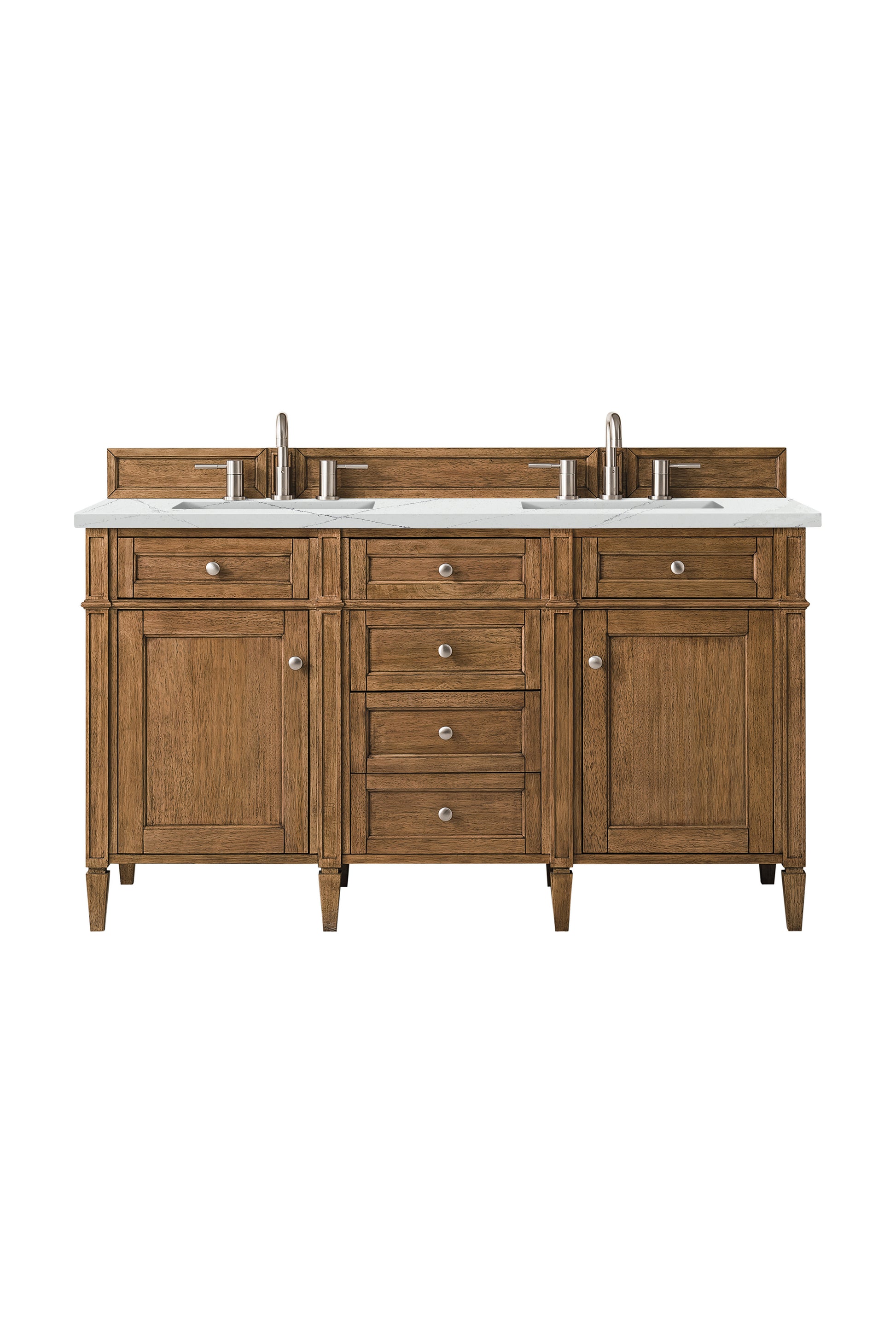 Renovate for Less Atlanta Brittany 60" Double Vanity, Saddle Brown w/ 3 CM Ethereal Noctis Silestone Top w/FreePower Wireless Charger