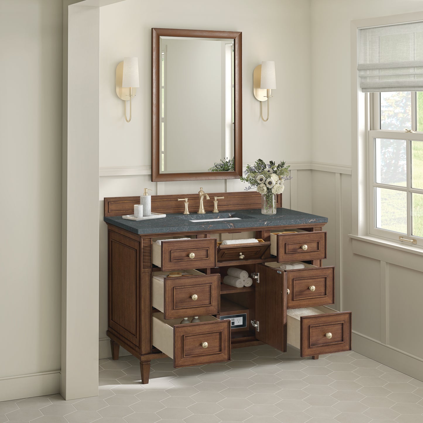 Renovate for Less Atlanta Lorelai 48" Single Vanity, Mid-Century Walnut w/ 3 CM Parisien Bleu Silestone Top