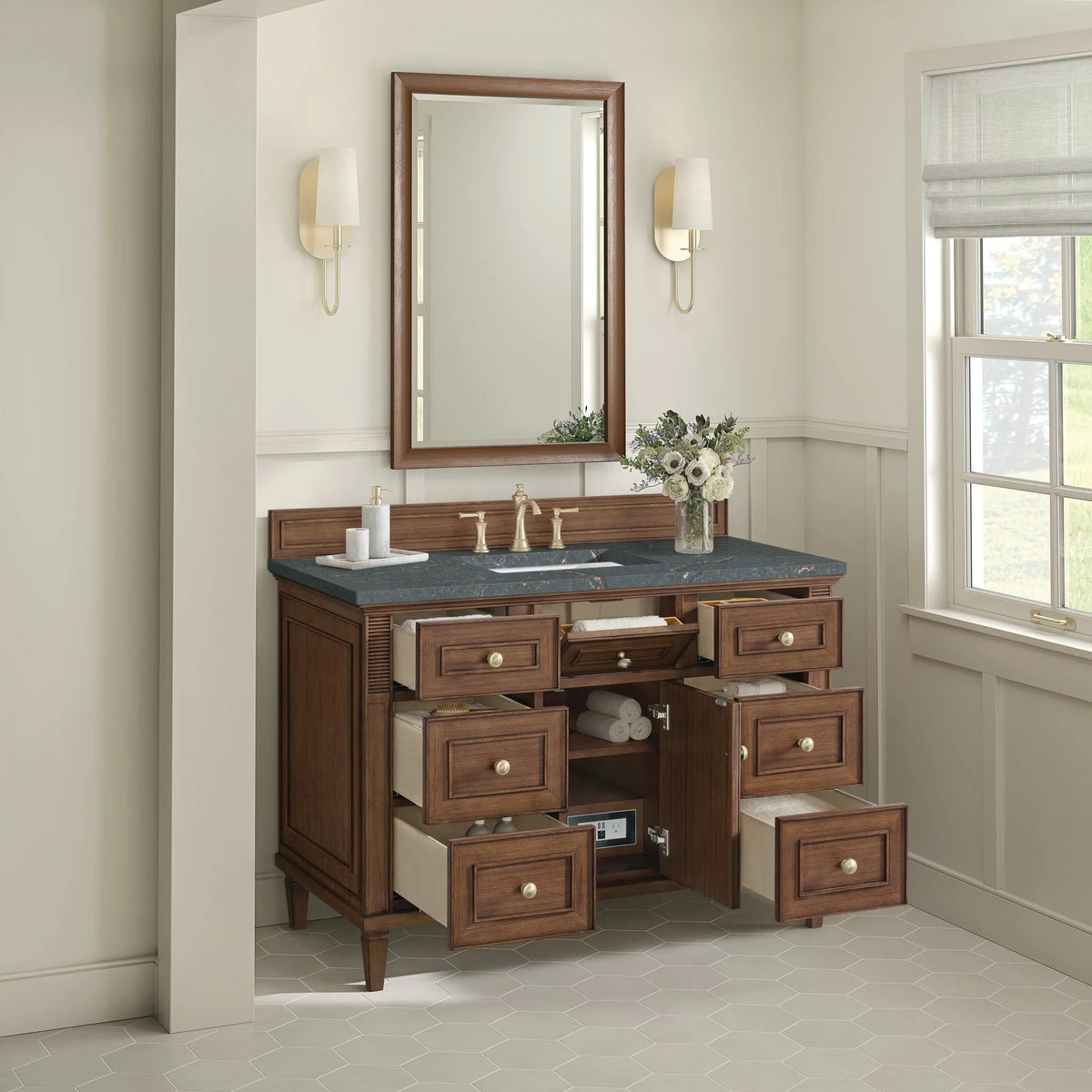 Lorelai 48" Single Vanity, Mid-Century Walnut w/ 3 CM Parisien Bleu Silestone Top w/FreePower Wireless Charger