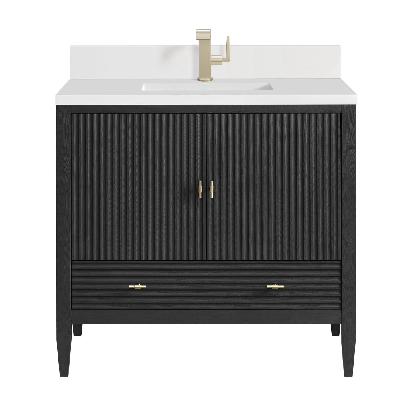 Renovate for Less Atlanta Myrrin 36" Vanity, Carbon Oak w/ Single Hole 3 CM White Zeus Silestone Top & Backsplash
