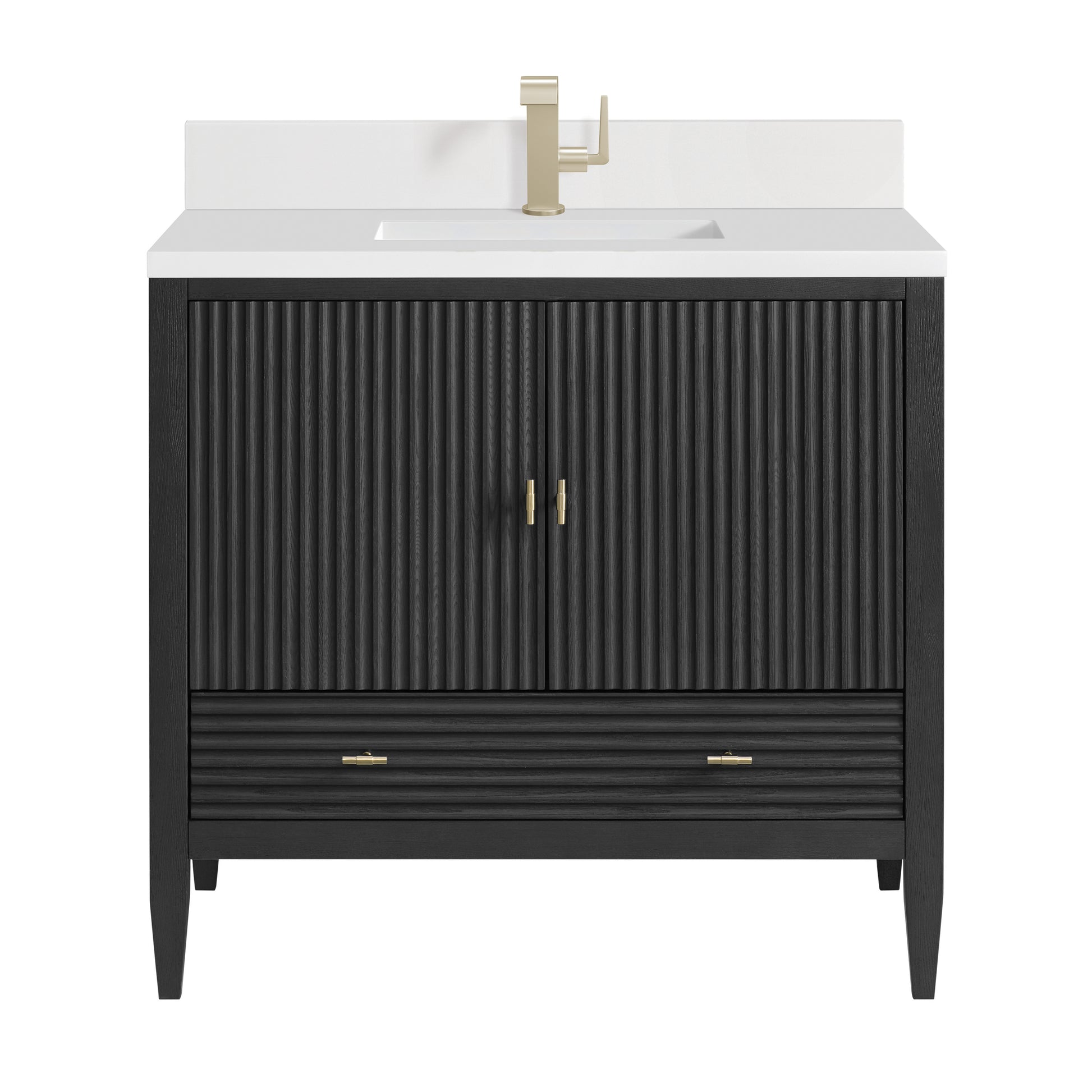 Renovate for Less Atlanta Myrrin 36" Vanity, Carbon Oak w/ Single Hole 3 CM White Zeus Silestone Top & Backsplash