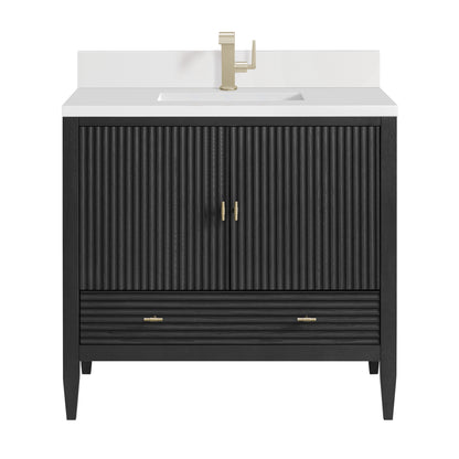 Renovate for Less Atlanta Myrrin 36" Vanity, Carbon Oak w/ Single Hole 3 CM White Zeus Silestone Top & Backsplash