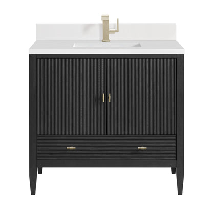Myrrin 36" Vanity, Carbon Oak w/ Single Hole 3 CM White Zeus Silestone Top & Backsplash