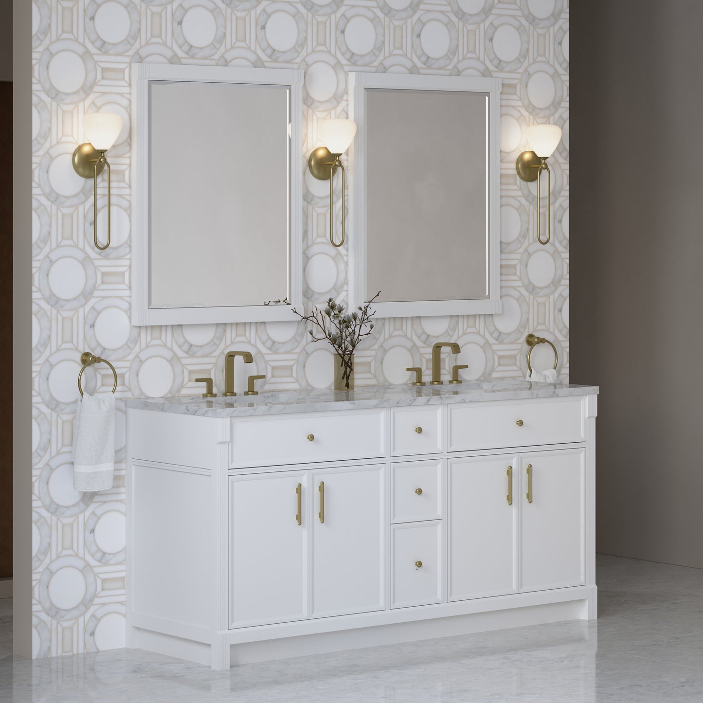 Renovate for Less Atlanta Bellshire 72" Double Vanity, Bright White w/ 3 CM Carrara Marble Top