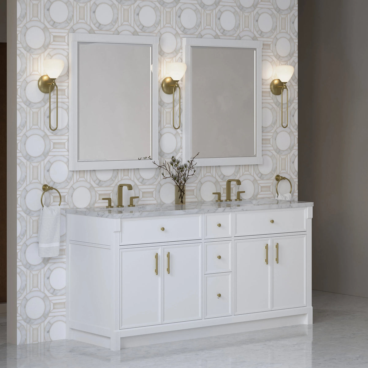Bellshire 72" Double Vanity, Bright White w/ 3 CM Carrara Marble Top