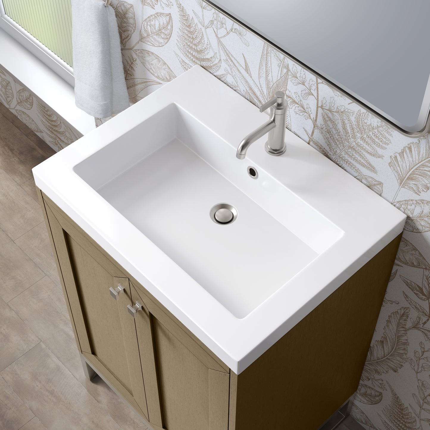 Renovate for Less Atlanta Chianti 24" Single Vanity, Walnut Whisper, Brushed Nickel, w/ White Glossy Composite Stone Top