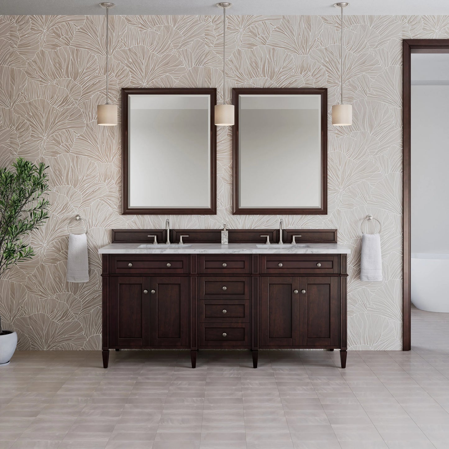 Brittany 72" Double Vanity, Burnished Mahogany w/ 3 CM Carrara Marble Top