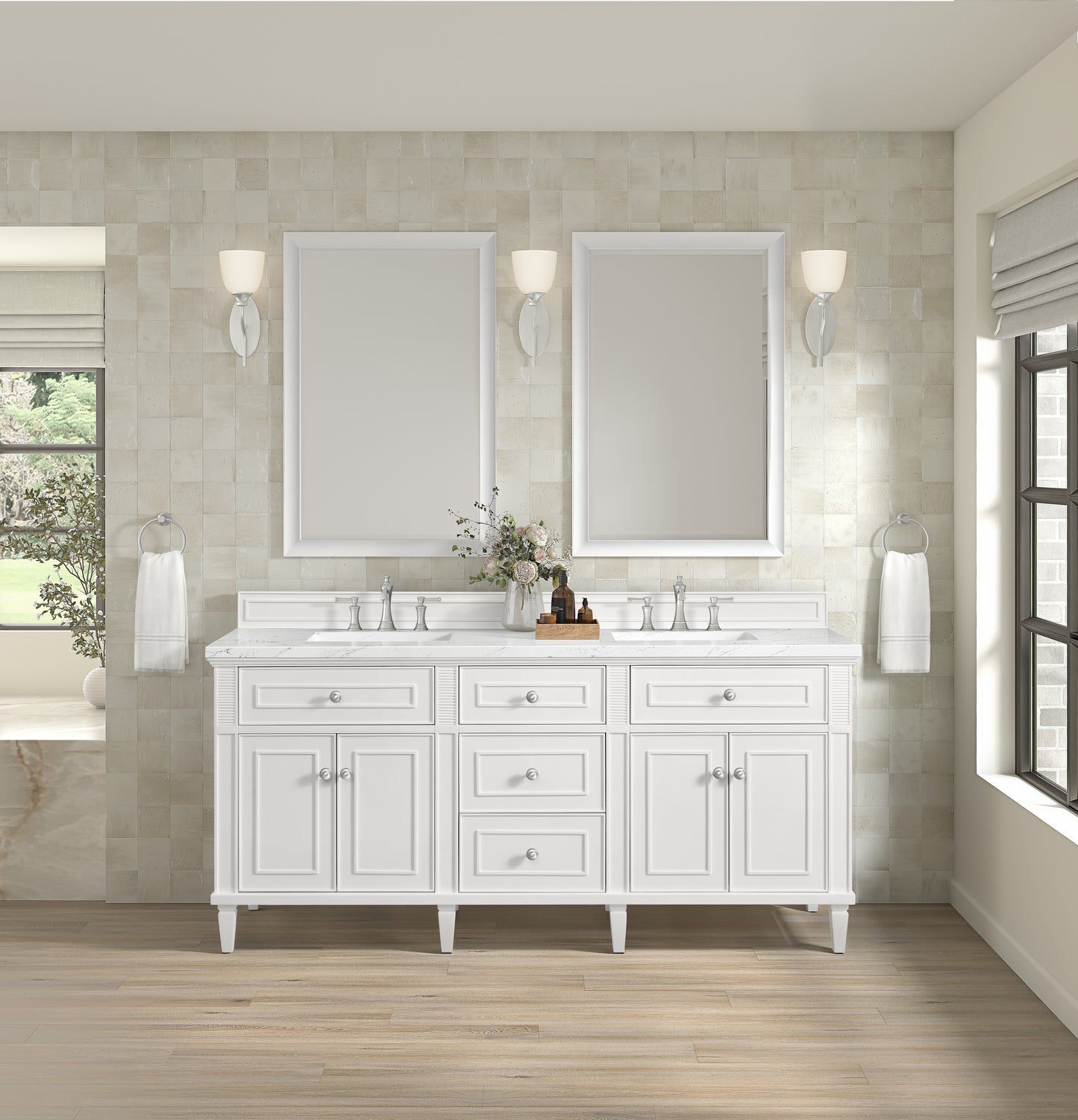 Renovate for Less Atlanta Lorelai 72" Double Vanity, Bright White w/ 3 CM White Zeus Silestone Top