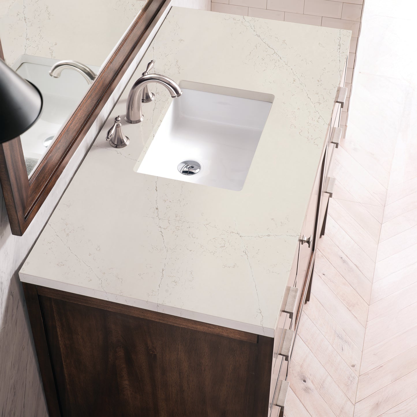Renovate for Less Atlanta Addison 48" Single Vanity, Mid-Century Acacia, w/ 3 CM Siberian Silestone Top