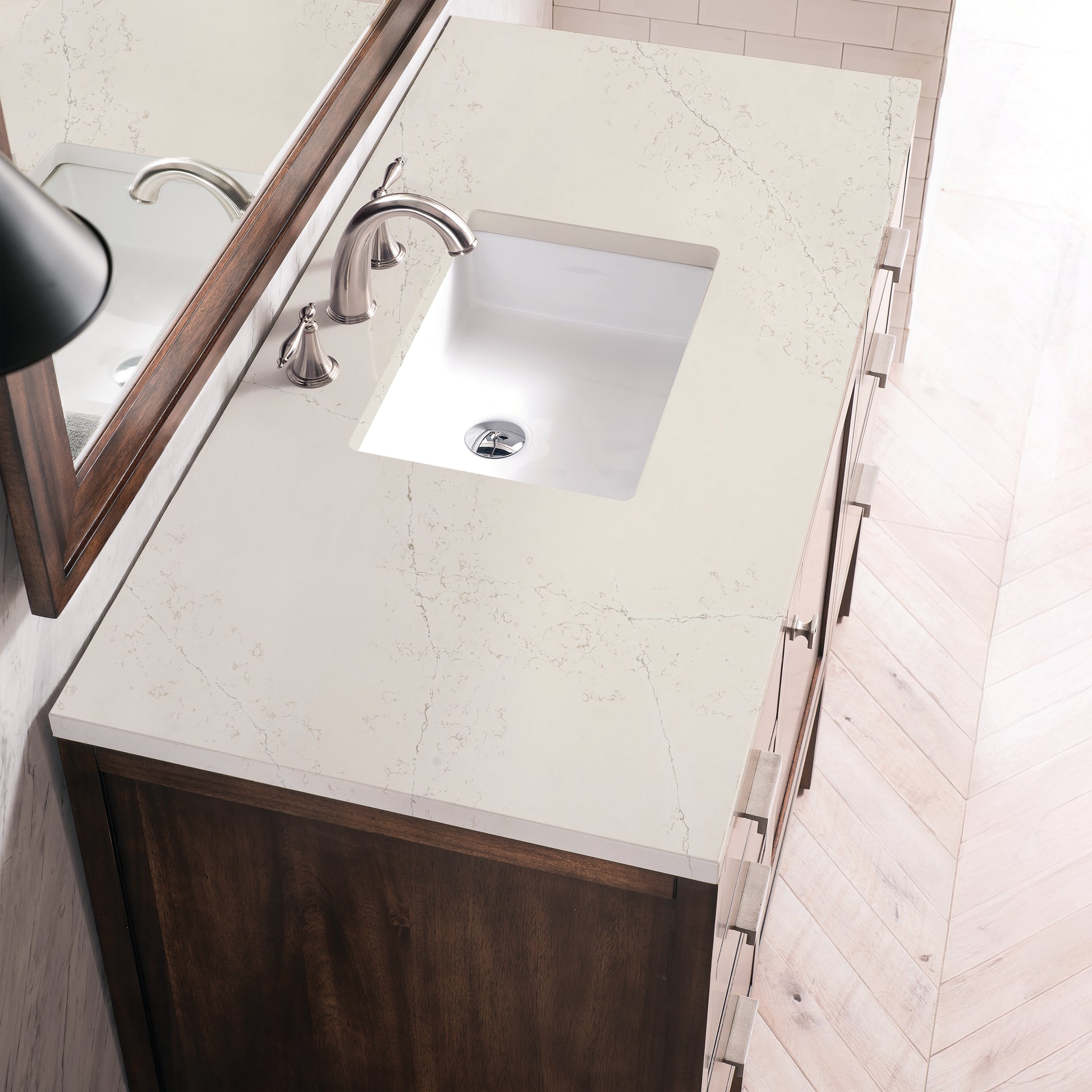 Renovate for Less Atlanta Addison 48" Single Vanity, Mid-Century Acacia, w/ 3 CM Siberian Silestone Top