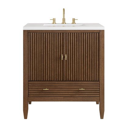 Renovate for Less Atlanta Myrrin 30" Single Vanity, Mid-Century Walnut w/ 3 CM White Zeus Silestone Top
