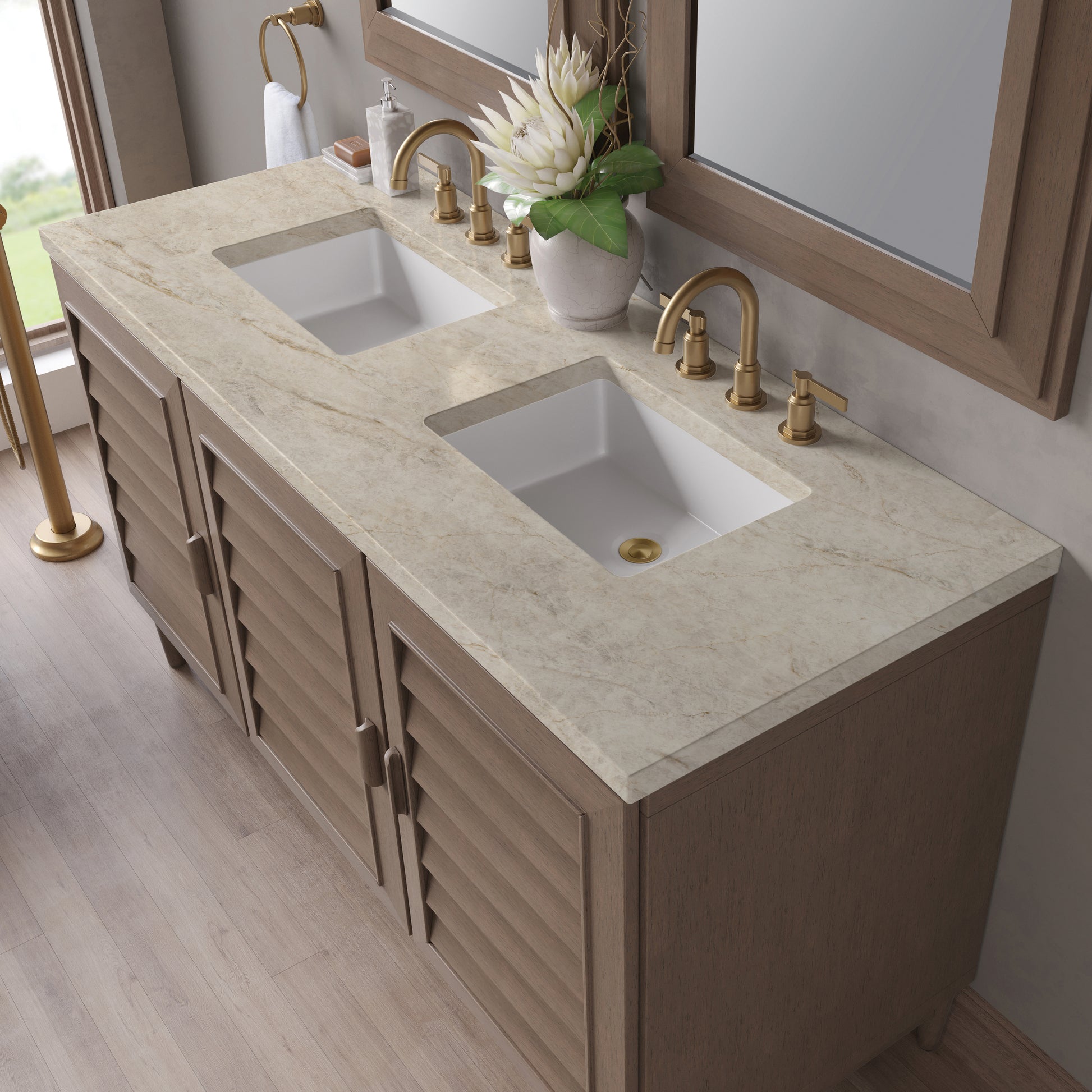 Renovate for Less Atlanta Portland 60" Double Vanity, Whitewashed Walnut, w/ 3 CM Tajnar Eclos Top