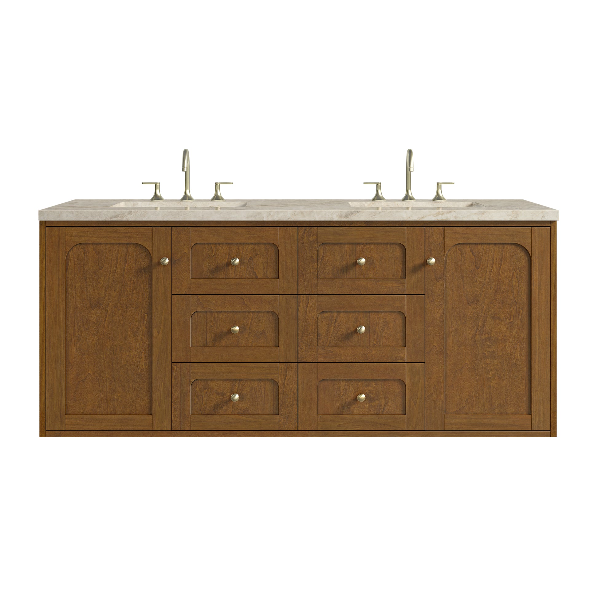 Renovate for Less Atlanta Laurent 60" Double Vanity, Honey Oak w/ 3 CM Tajnar Eclos Top w/FreePower Wireless Charger