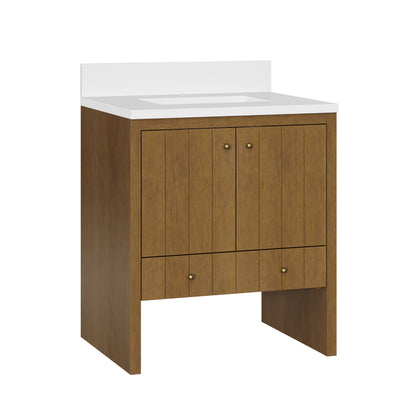 Renovate for Less Atlanta Hudson 30" Single Vanity, Honey Oak w/ Single Hole 3 CM White Zeus Silestone Top and Matching Backsplash