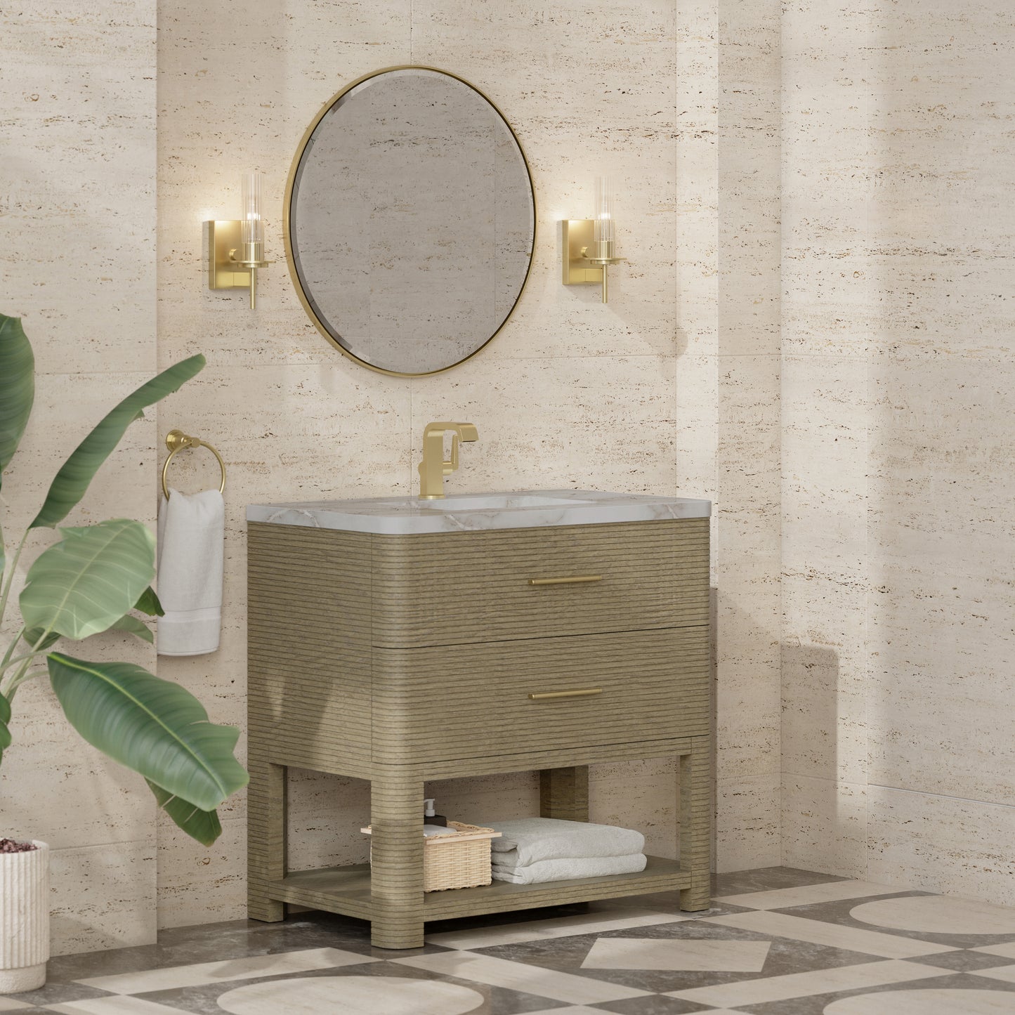 Renovate for Less Atlanta Lucian 36" Single Vanity, Pebble Oak w/ 3 CM Victorian Silver Silestone Top