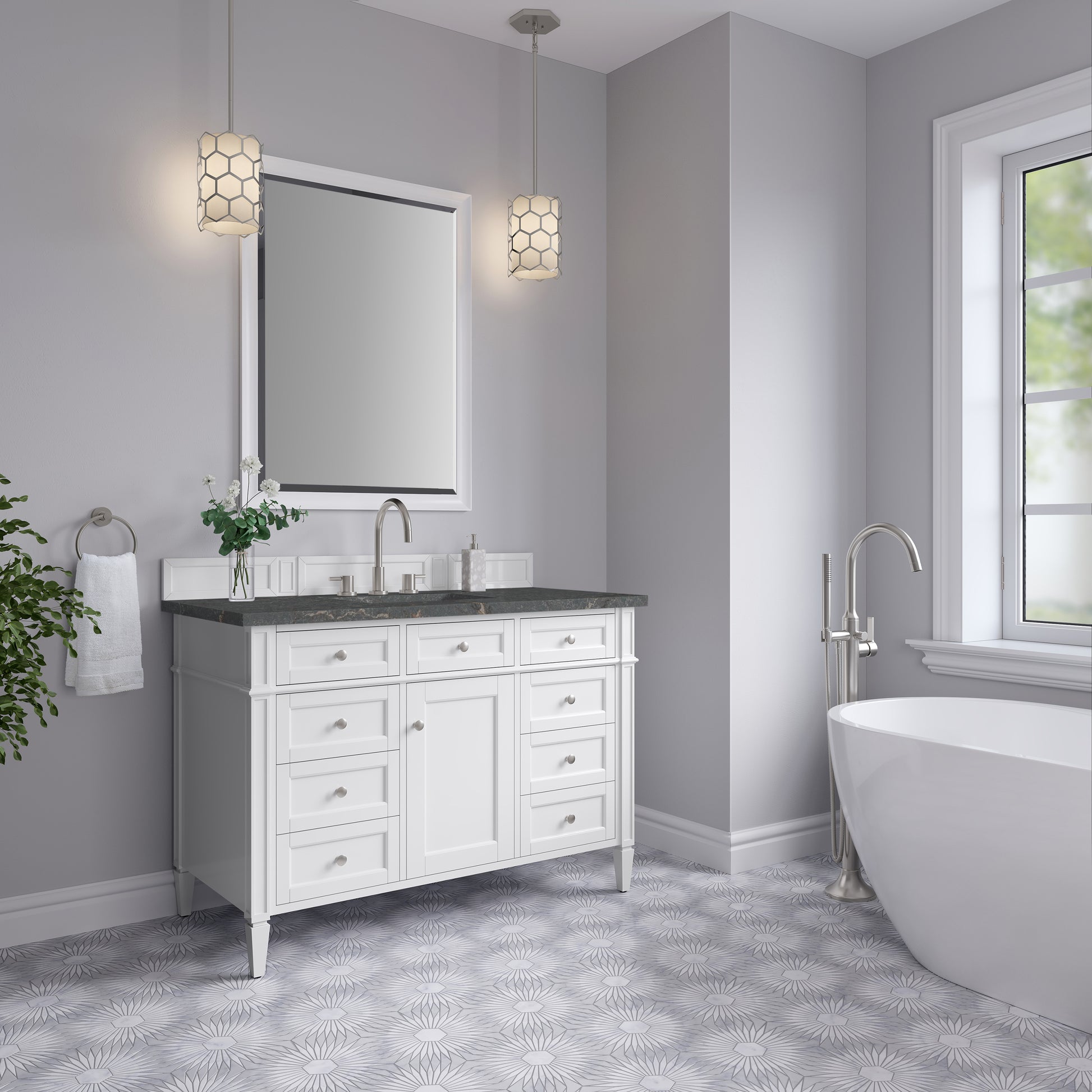 Renovate for Less Atlanta Brittany 48" Single Vanity, Bright White w/ 3 CM Parisien Bleu Silestone Top