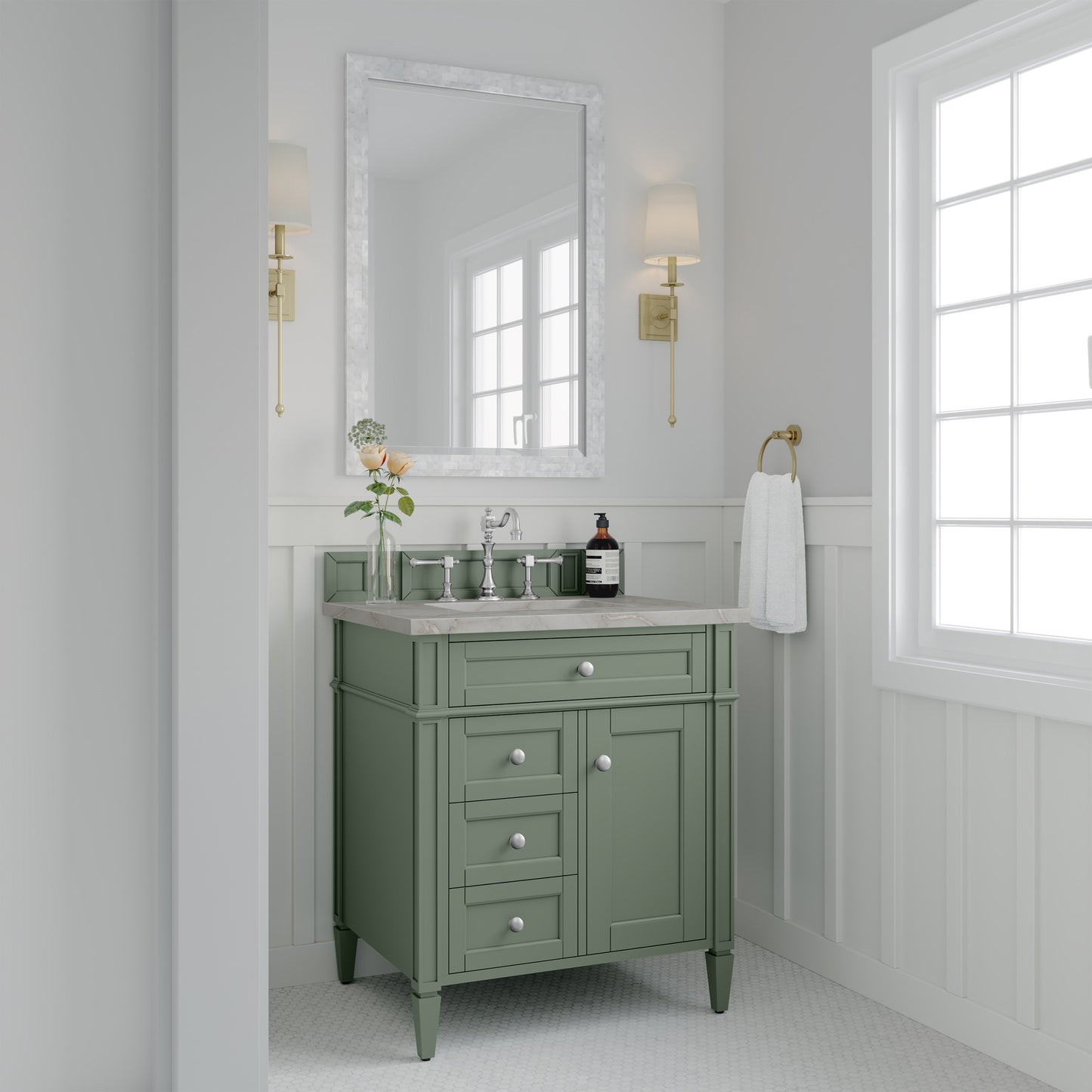 Renovate for Less Atlanta Brittany 30" Single Vanity, Smokey Celadon w/ 3 CM Victorian Silver Top