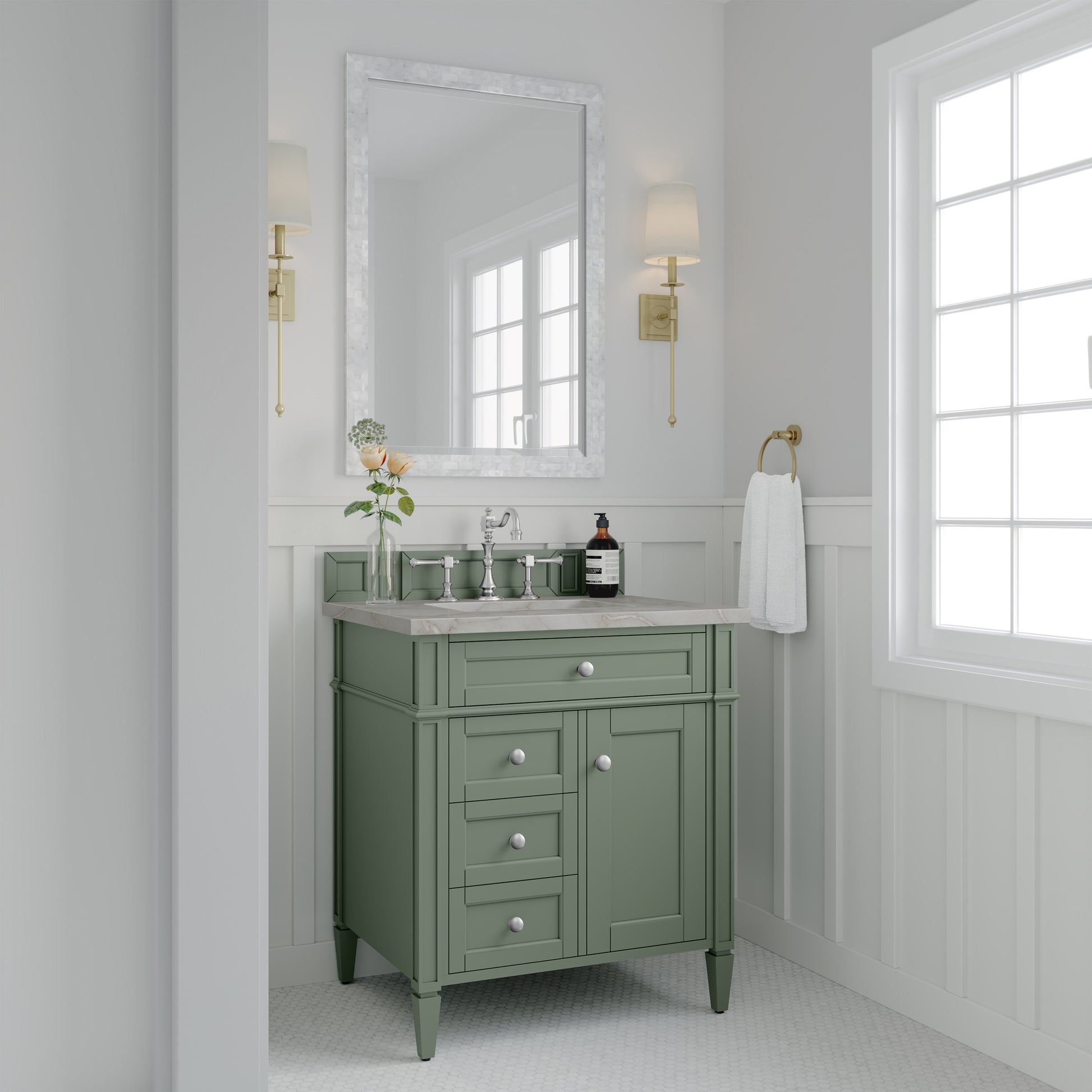Renovate for Less Atlanta Brittany 30" Single Vanity, Smokey Celadon w/ 3 CM Victorian Silver Top