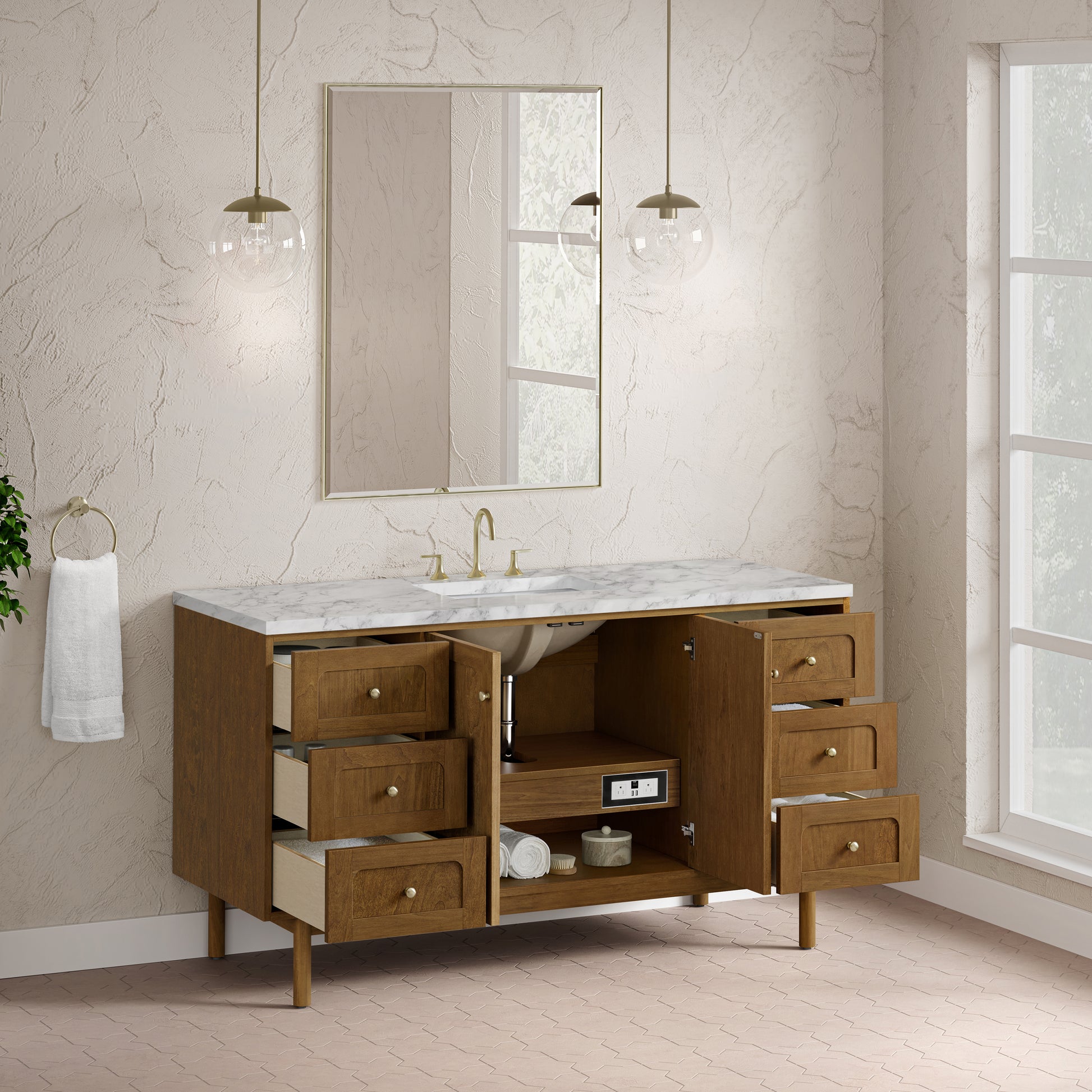 Renovate for Less Atlanta Laurent 60" Single Vanity, Honey Oak w/ 3 CM Carrara Marble Top