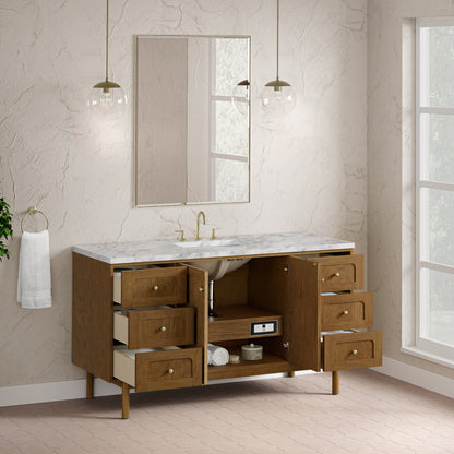 Renovate for Less Atlanta Laurent 60" Single Vanity, Honey Oak w/ 3 CM Carrara Marble Top