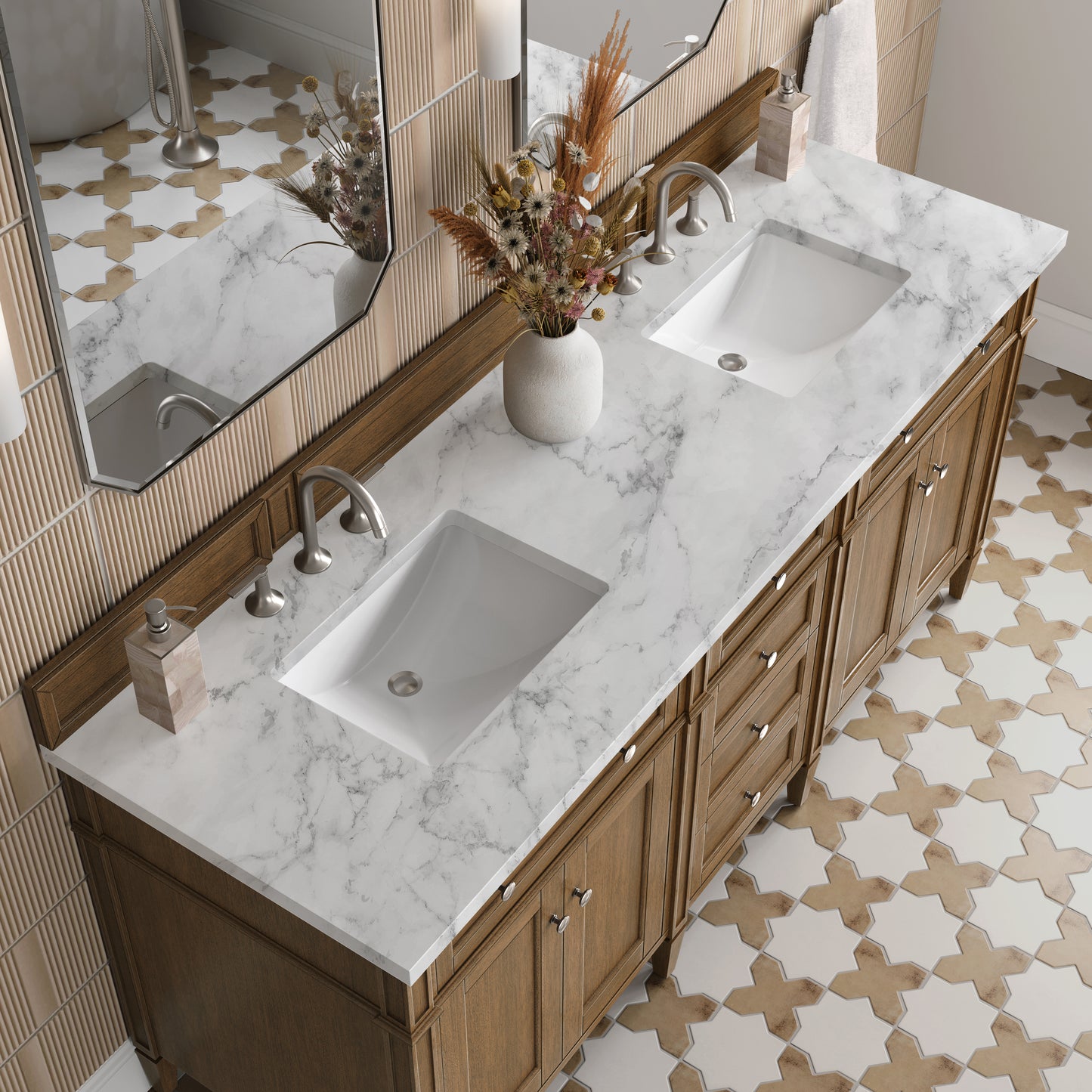 Renovate for Less Atlanta Brittany 72" Double Vanity, Saddle Brown w/ 3 CM Carrara Marble Top