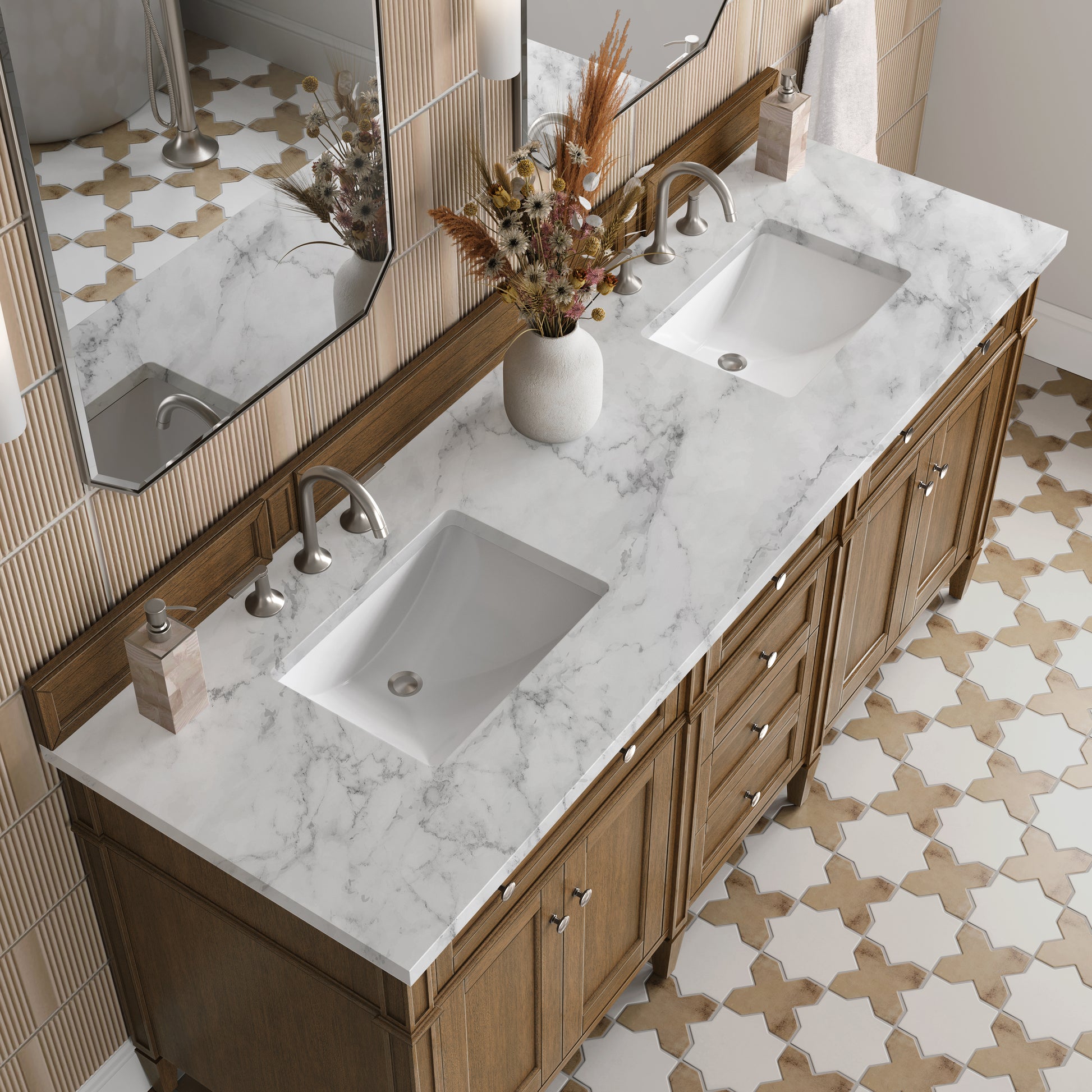Renovate for Less Atlanta Brittany 72" Double Vanity, Saddle Brown w/ 3 CM Carrara Marble Top