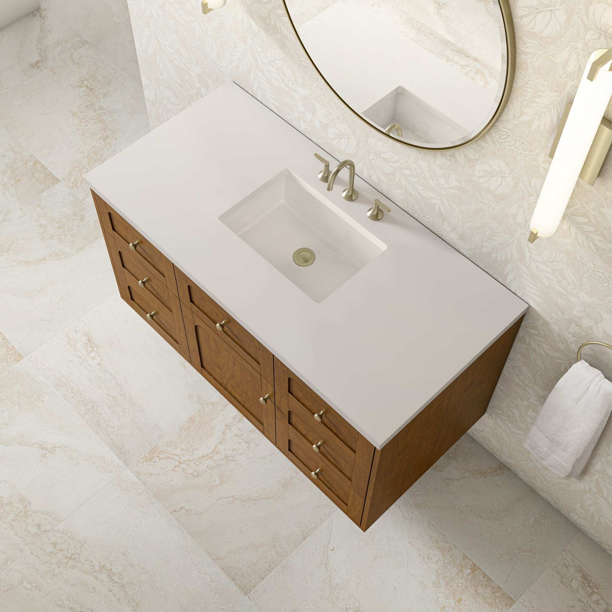 Renovate for Less Atlanta Laurent 48" Single Vanity, Honey Oak w/ 3 CM White Zeus Silestone Top