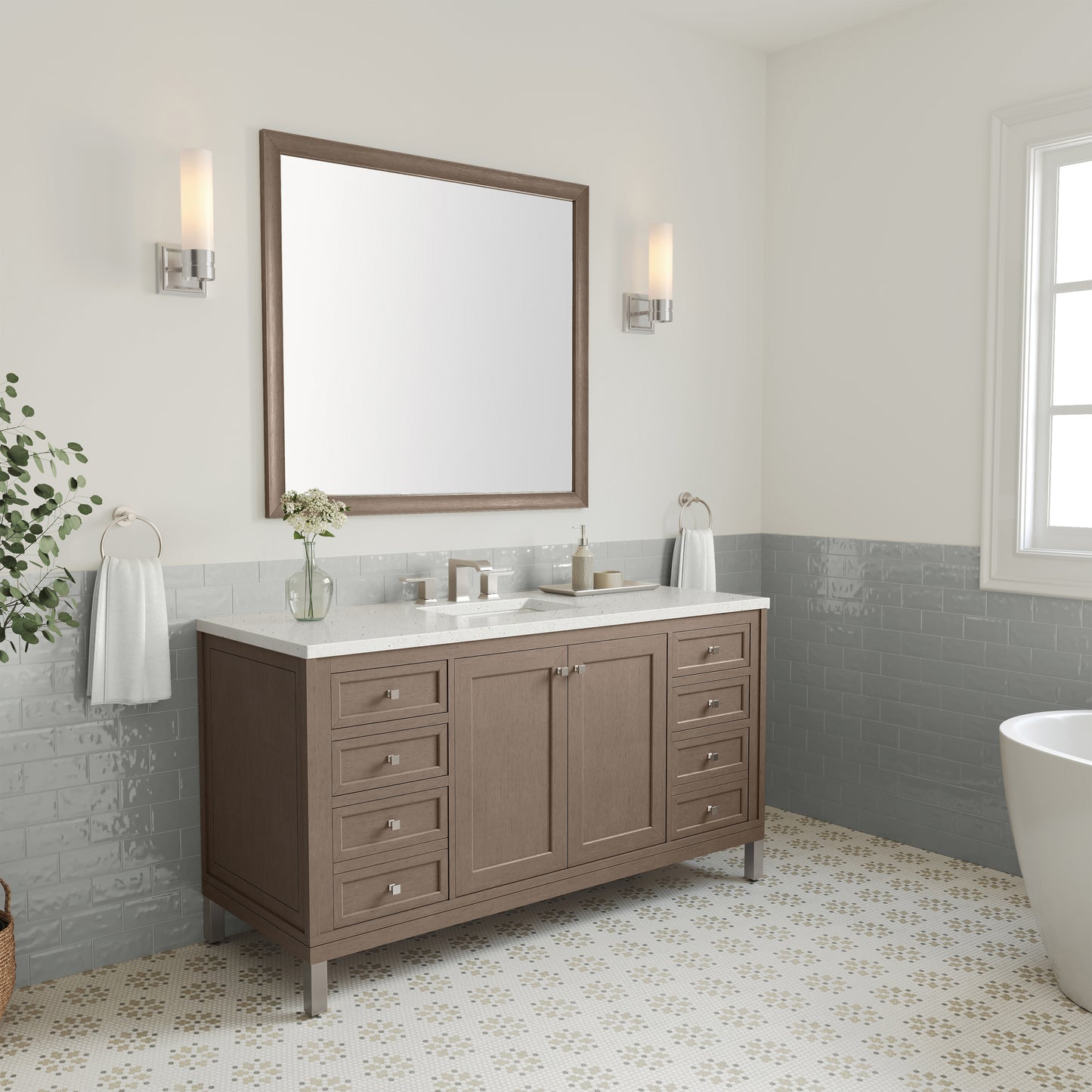 Renovate for Less Atlanta Chicago 60" Single Vanity, Walnut Whisper, w/ 3 CM Lime Delight Silestone® Top