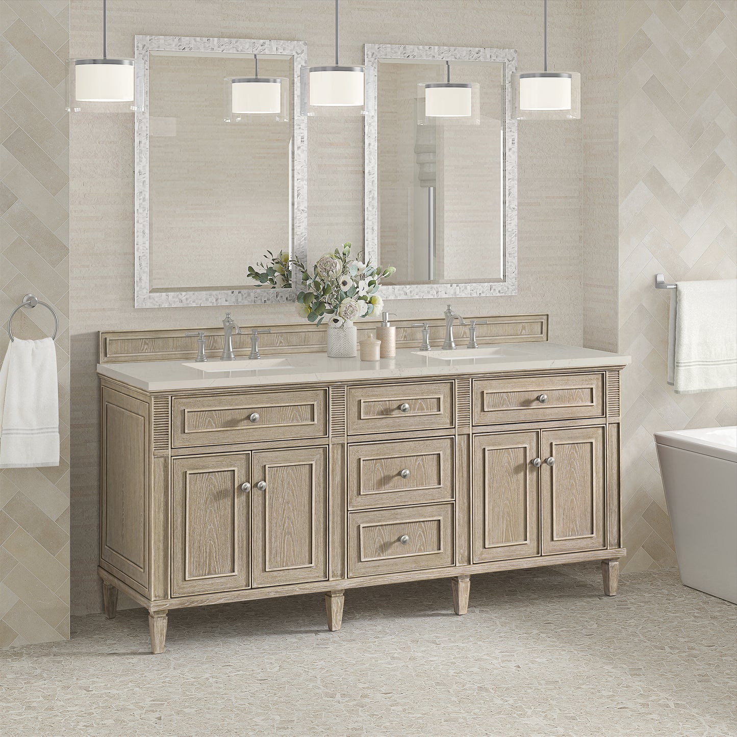 Renovate for Less Atlanta Lorelai 72" Double Vanity, Whitewashed Oak, w/ 3 CM Siberian Silestone Top