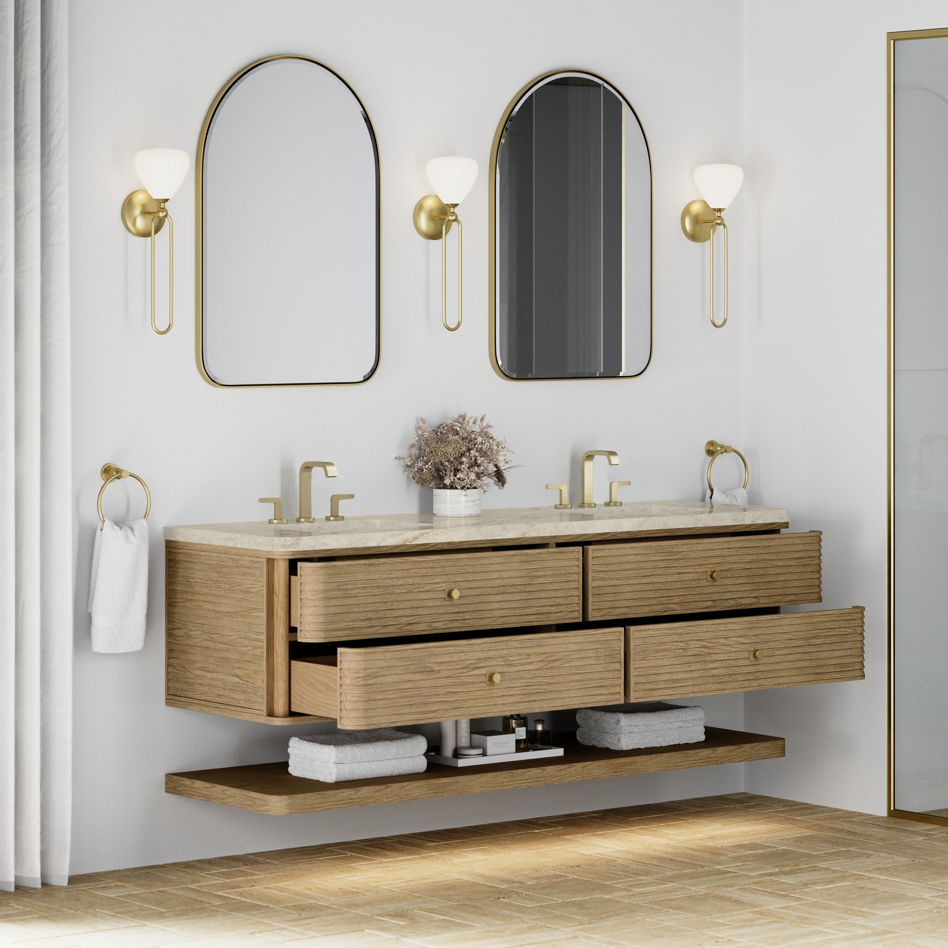 Renovate for Less Atlanta Allamari 72" Double Vanity, Dune Mist w/ 3 CM Tajnar Eclos Top w/FreePower Wireless Charger