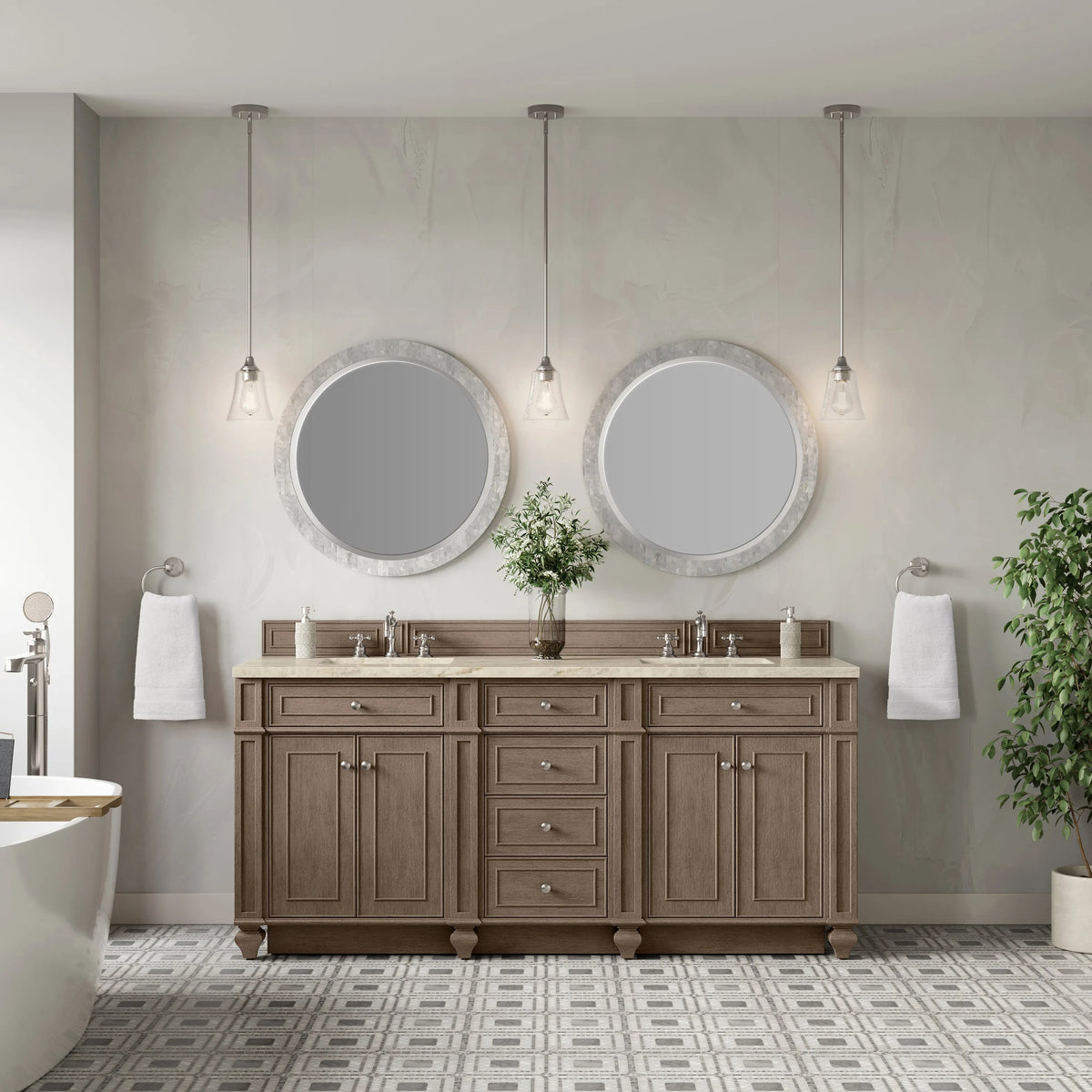 Bristol 72" Double Vanity, Whitewashed Walnut, w/ 3 CM Tajnar Eclos Top