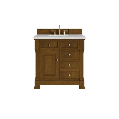 Renovate for Less Atlanta Brookfield 36" Single Vanity, Honey Oak w/ 3 CM Eternal Jasmine Pearl Silestone Top