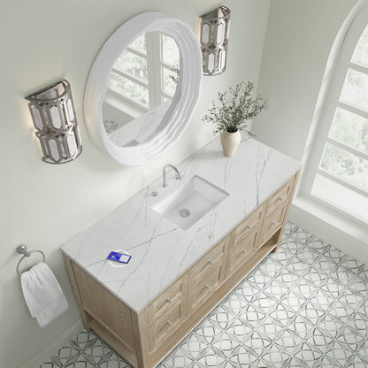 Renovate for Less Atlanta Breckenridge 60" Single Vanity, Whitewashed Oak, w/ 3 CM Ethereal Noctis Silestone Top w/ FreePower Wireless Charger