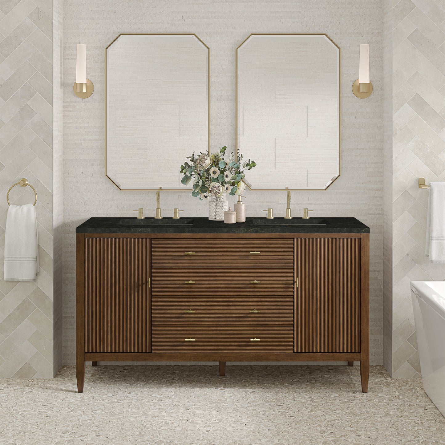 Renovate for Less Atlanta Myrrin 60" Double Vanity, Mid Century Walnut, w/ 3 CM Phantome Eclos Top