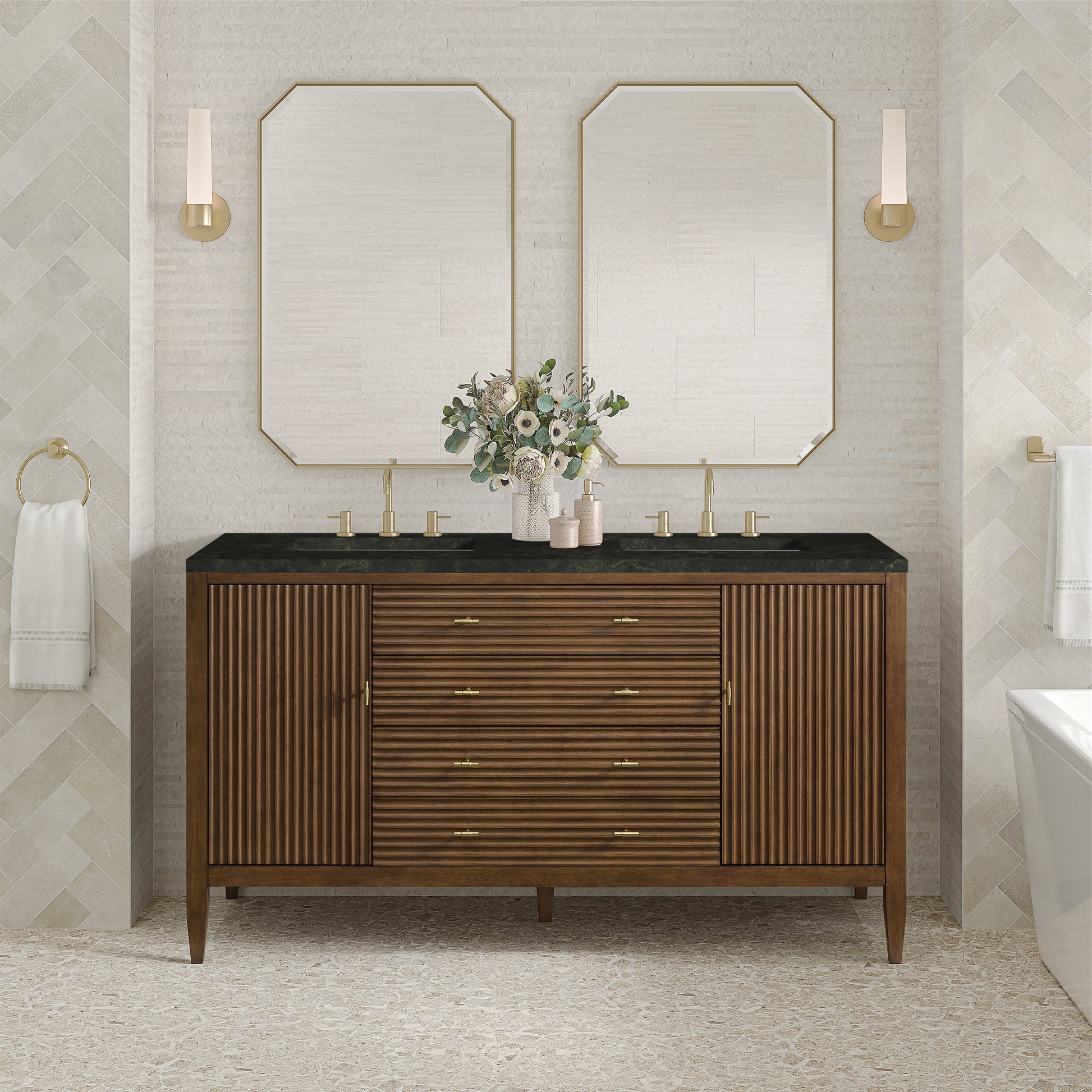 Renovate for Less Atlanta Myrrin 60" Double Vanity, Mid Century Walnut, w/ 3 CM Phantome Eclos Top