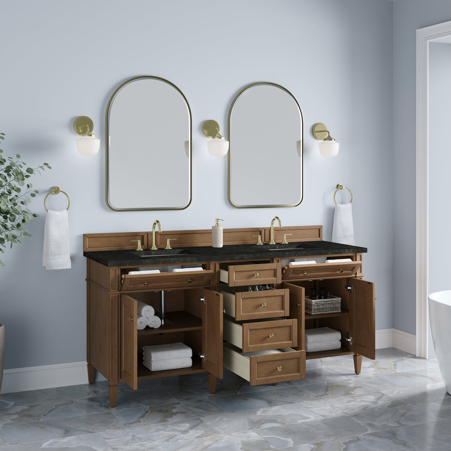 Renovate for Less Atlanta Brittany 72" Double Vanity, Pecan w/ 3 CM Phantome Eclos Top
