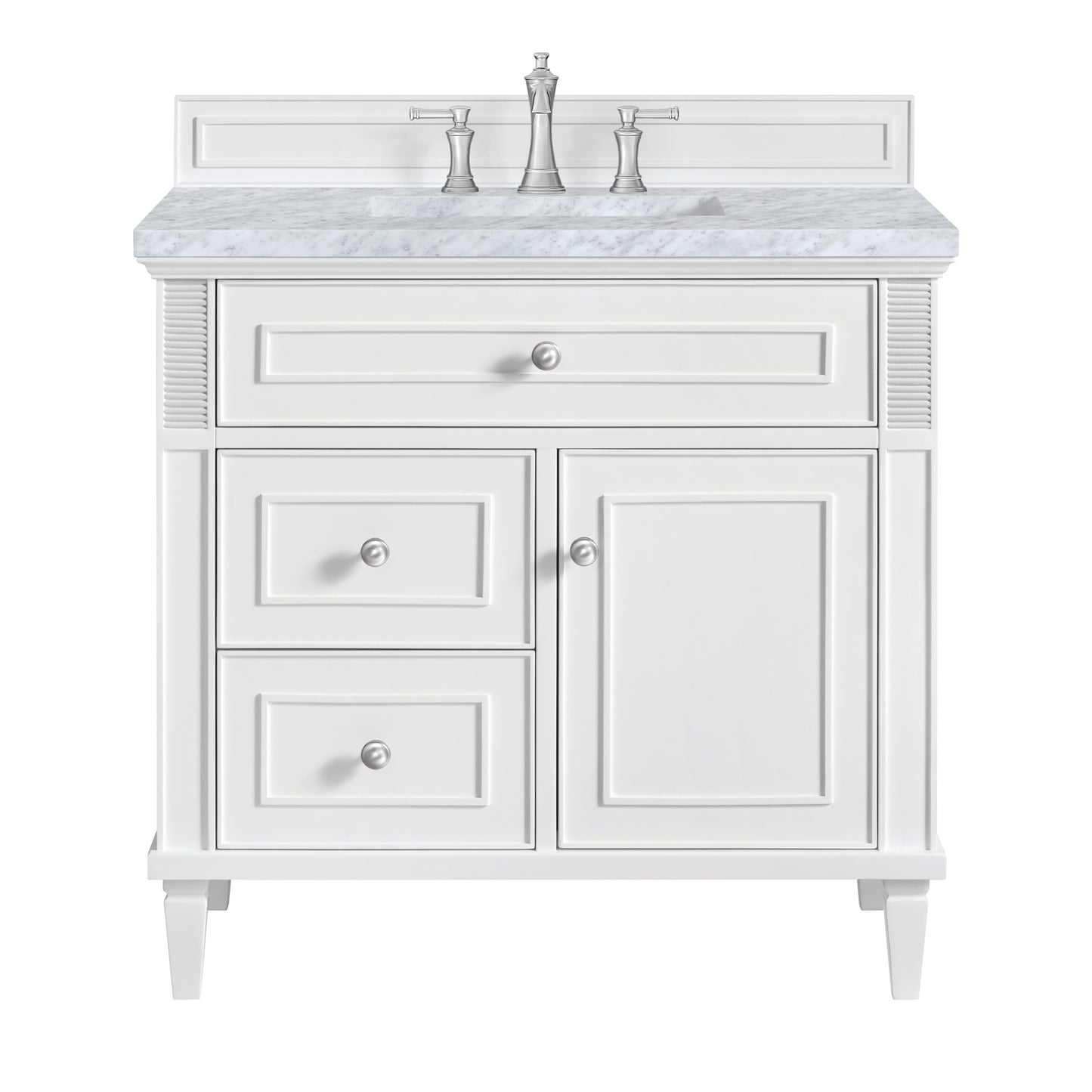 Renovate for Less Atlanta Lorelai 36" Single Vanity, Bright White w/ 3 CM Carrara White Marble Top