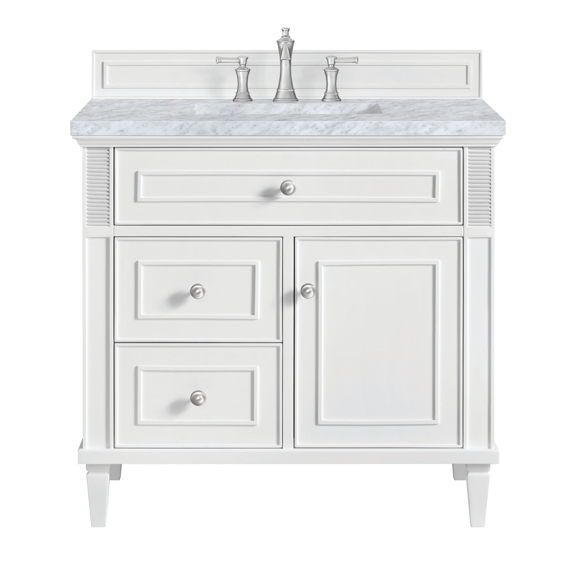 Renovate for Less Atlanta Lorelai 36" Single Vanity, Bright White w/ 3 CM Carrara White Marble Top