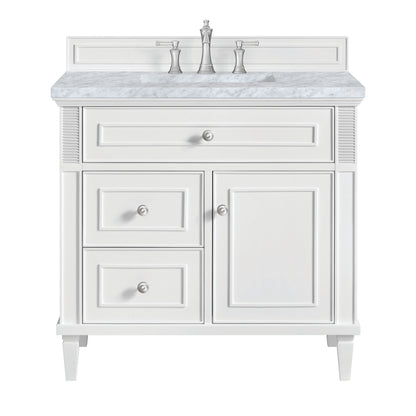 Renovate for Less Atlanta Lorelai 36" Single Vanity, Bright White w/ 3 CM Carrara White Marble Top