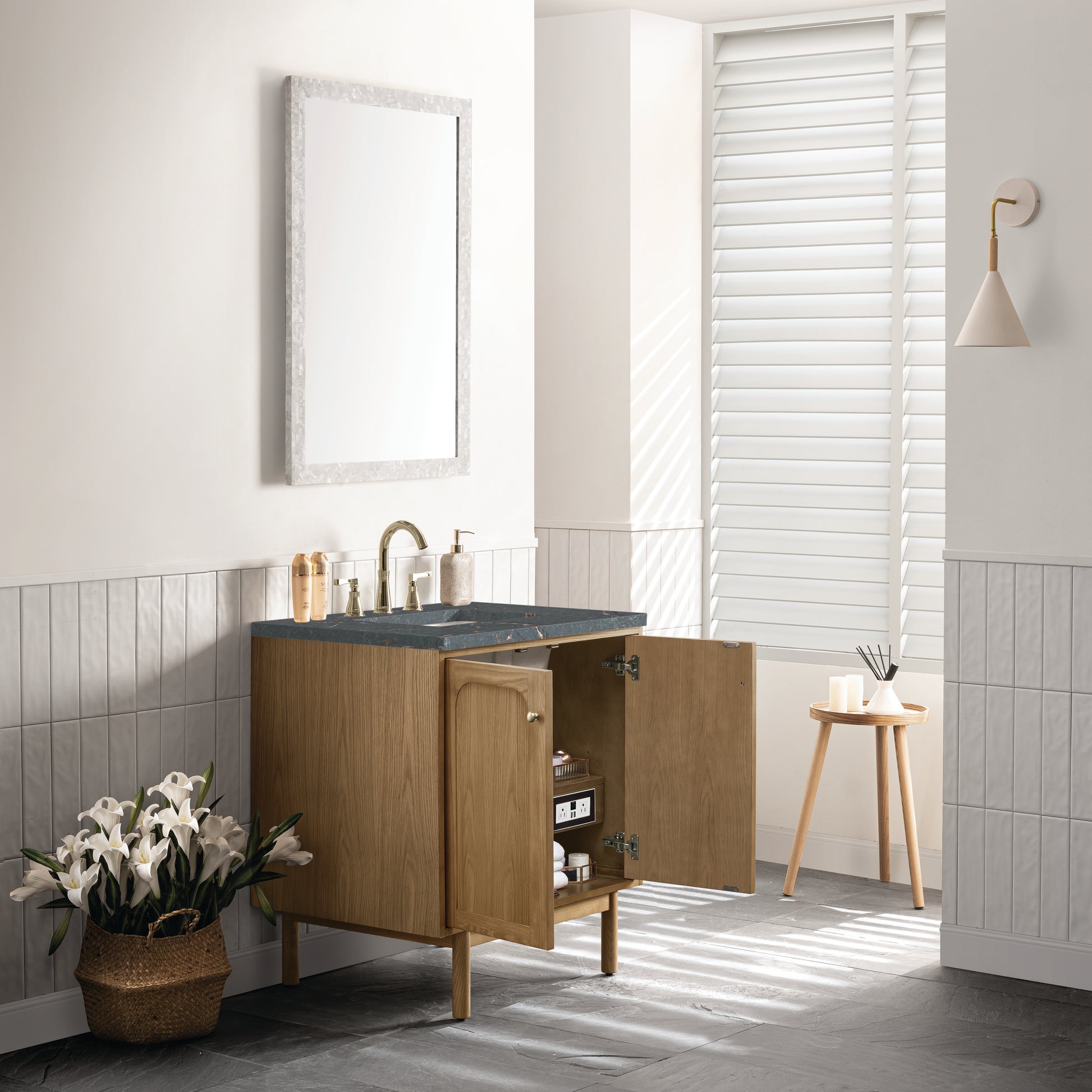Renovate for Less Atlanta Laurent 30" Single Vanity, Light Natural Oak w/ 3 CM Parisien Bleu Top