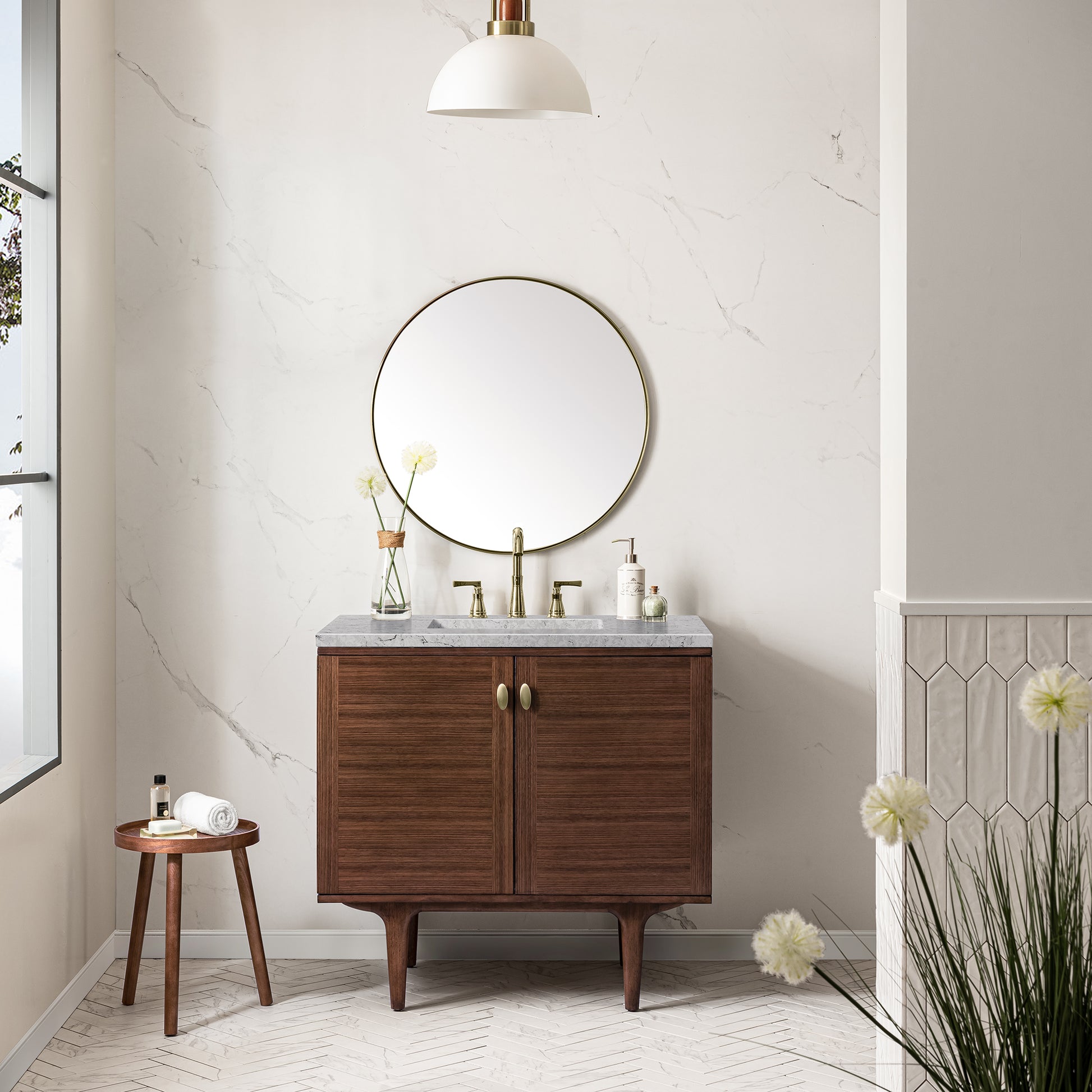 Renovate for Less Atlanta Amberly 36" Single Vanity, Mid-Century Walnut w/ 3 CM Eternal Jasmine Pearl Top