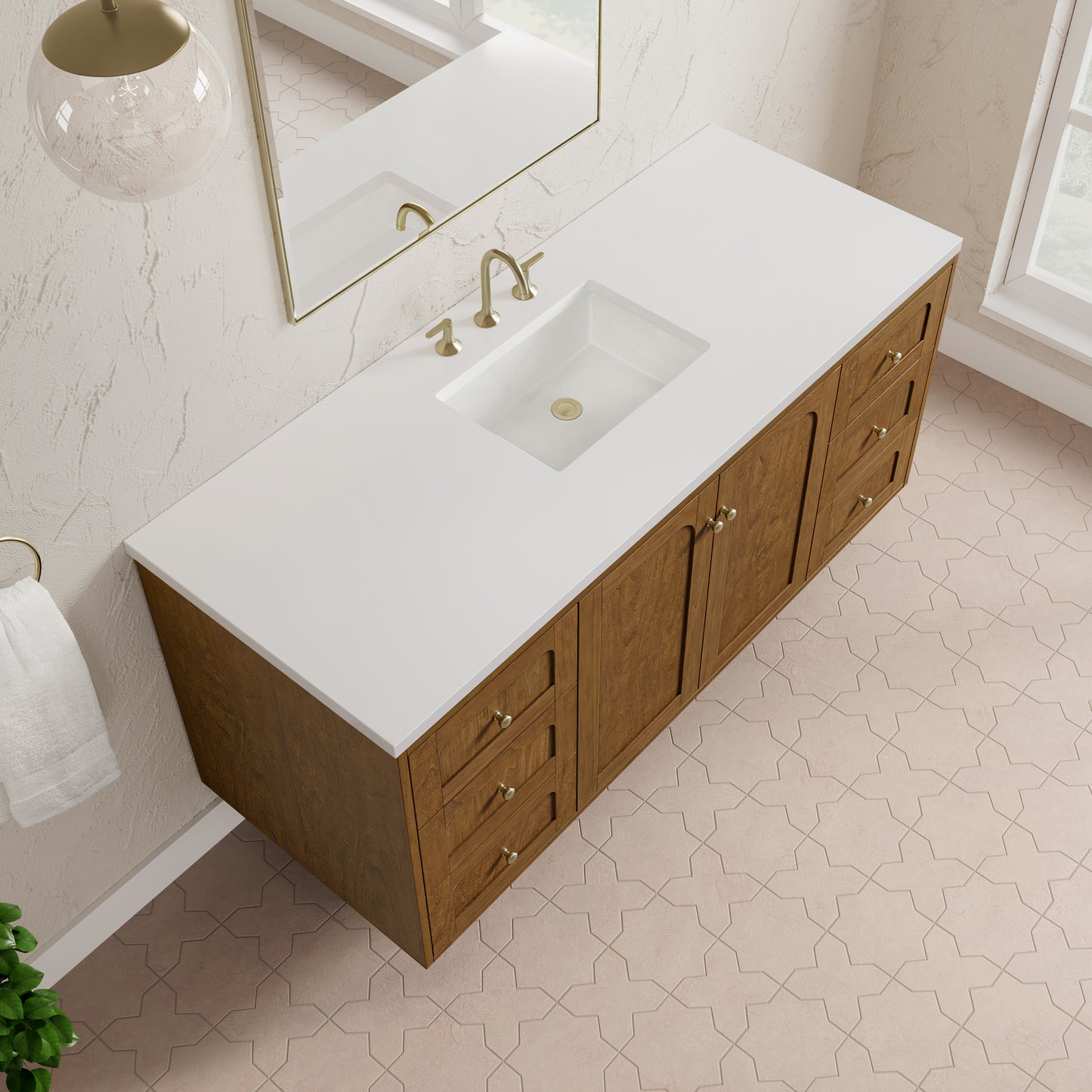 Renovate for Less Atlanta Laurent 60" Single Vanity, Honey Oak w/ 3 CM White Zeus Silestone Top