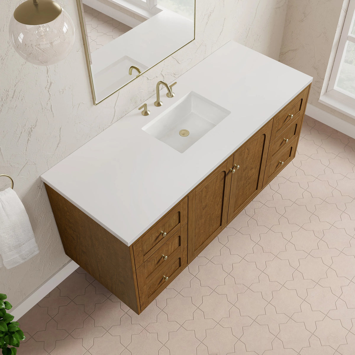 Laurent 60" Single Vanity, Honey Oak w/ 3 CM White Zeus Silestone Top