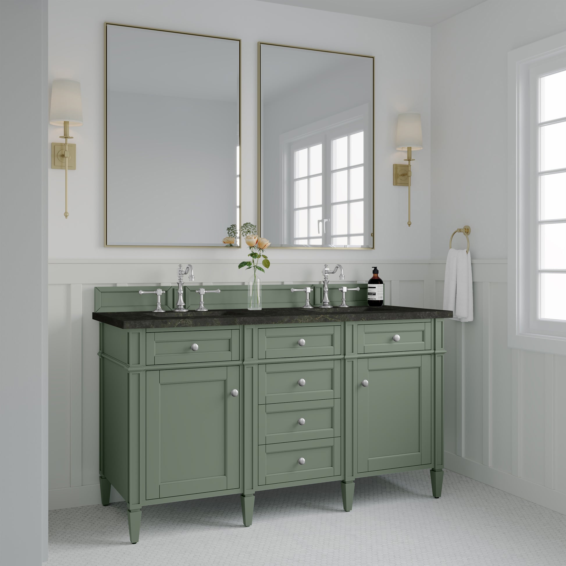 Renovate for Less Atlanta Brittany 60" Double Vanity, Smokey Celadon, w/ 3 CM Phantome Eclos Top